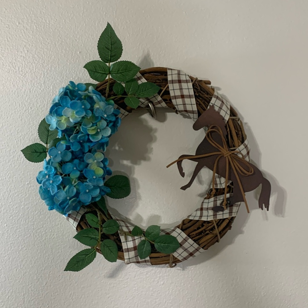 Handmade Horse Wreath With Blue Hydrangeas Flowers Approximately 16 inches New